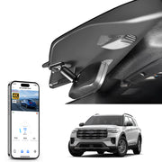 Mangoal rearview mirror built-in dash cam with smartphone app control, 4K Ultra HD recording, GPS tracking, and Ford Explorer models in the background.
