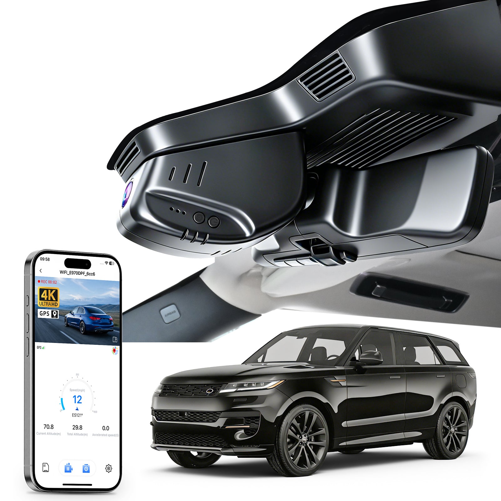 Mangoal rearview mirror built-in dash cam with smartphone app control, 4K Ultra HD recording, GPS tracking and Land Rover Range Rover & Range Rover Sport models in the background.