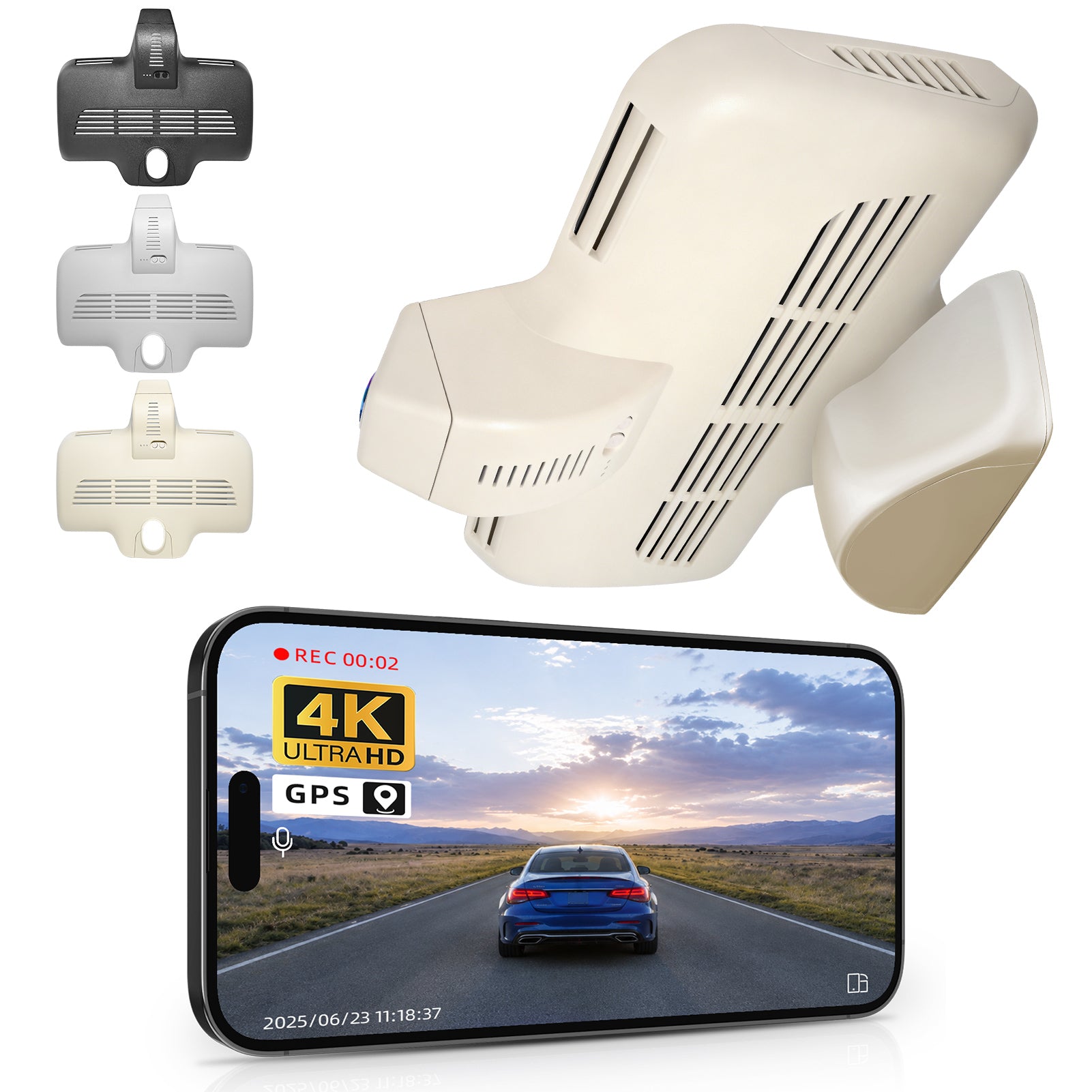 Mangoal rearview mirror built-in dash cam with smartphone app control, 4K Ultra HD recording, GPS tracking, and Mercedes-Benz C-Class models in the background.