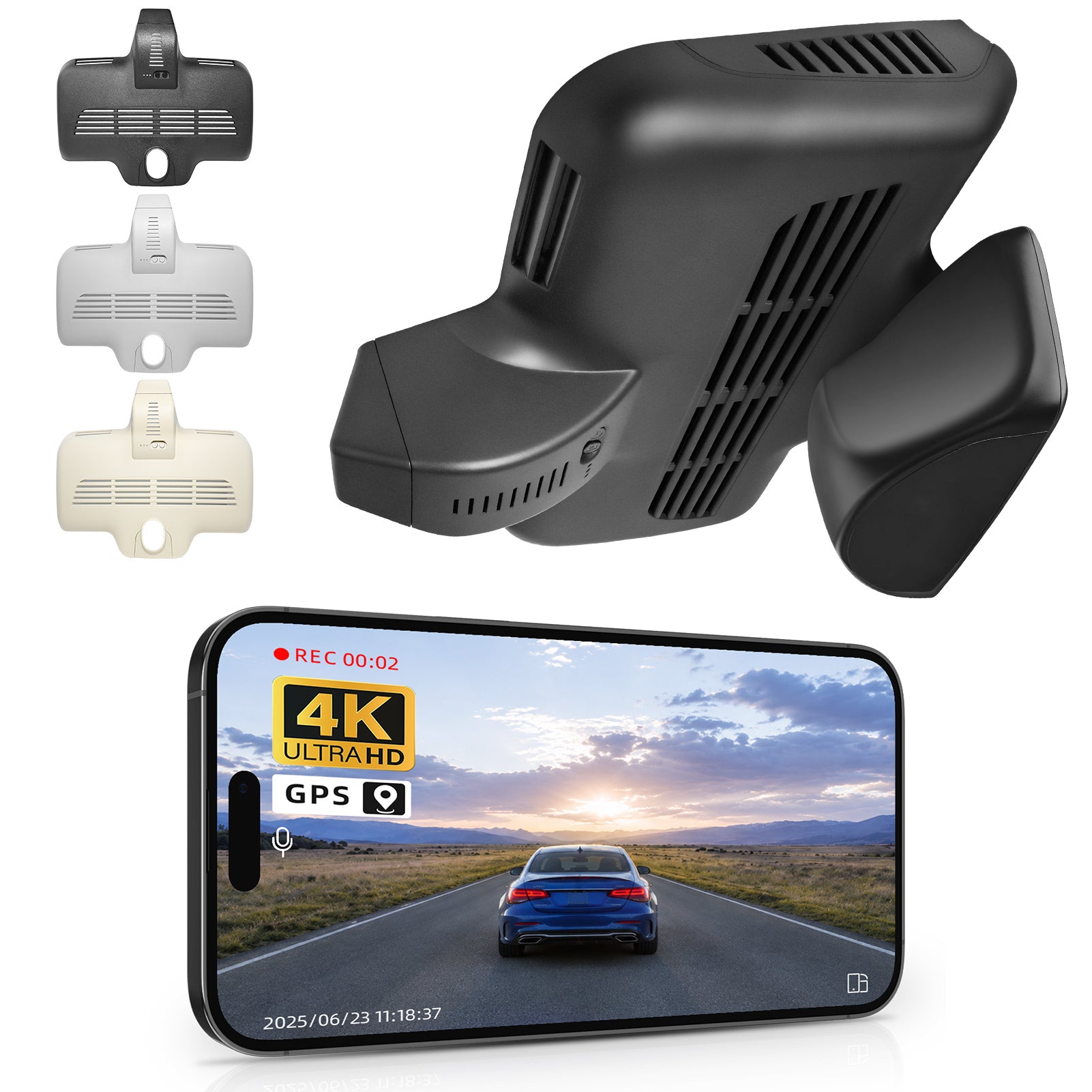 Mangoal rearview mirror built-in dash cam with smartphone app control, 4K Ultra HD recording, GPS tracking, and Mercedes-Benz C-Class models in the background.