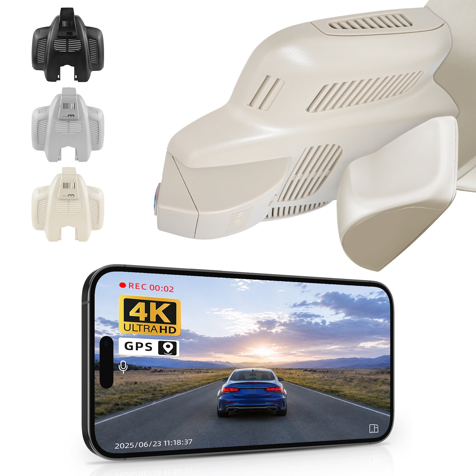 Mangoal rearview mirror built-in dash cam with smartphone app control, 4K Ultra HD recording, GPS tracking, and Mercedes-Benz E-Class models in the background.