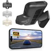 Mangoal rearview mirror built-in dash cam with smartphone app control, 4K Ultra HD recording, GPS tracking, and Mercedes-Benz GLC Gen1 models in the background.