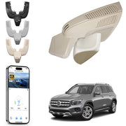 Mangoal rearview mirror built-in dash cam with smartphone app control, 4K Ultra HD recording, GPS tracking, and Mercedes-Benz GLE models in the background.