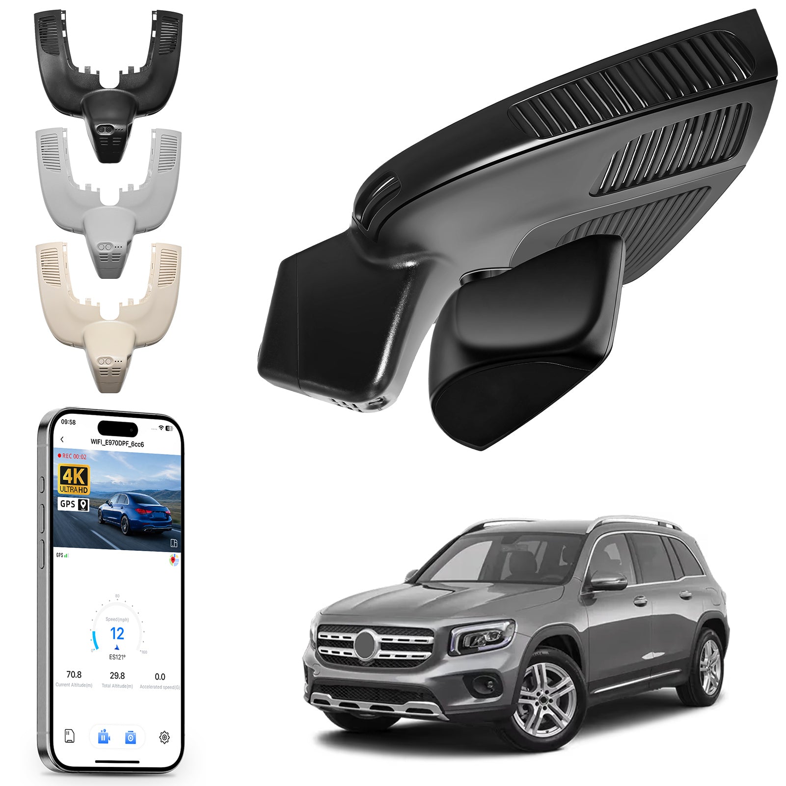 Mangoal rearview mirror built-in dash cam with smartphone app control, 4K Ultra HD recording, GPS tracking, and Mercedes-Benz GLE models in the background.