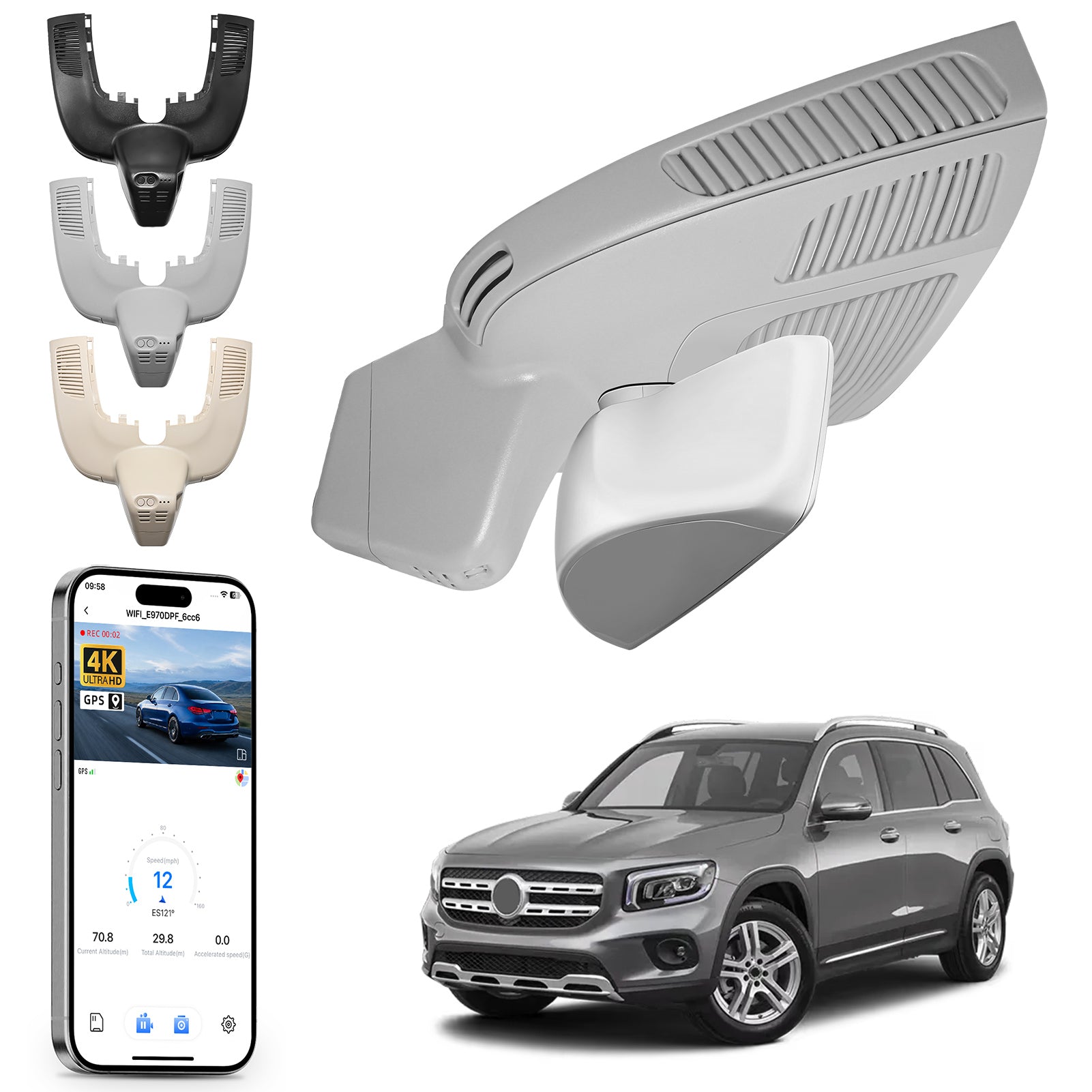Mangoal rearview mirror built-in dash cam with smartphone app control, 4K Ultra HD recording, GPS tracking, and Mercedes-Benz GLE models in the background.