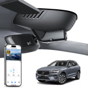 Mangoal rearview mirror built-in dash cam with smartphone app control, 4K Ultra HD recording, GPS tracking, and Volvo XC60 models in the background.