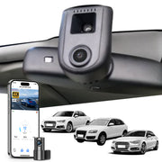 Mangoal 2 channel dash cam with STARVIS sensor, features smartphone app control, front 4K UHD and rear Full HD recording, GPS tracking, and Audi Black models in the background.