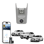 Mangoal 2 channel dash cam with STARVIS sensor, features smartphone app control, front 4K UHD and rear Full HD recording, GPS tracking, and Audi Gray models in the background.