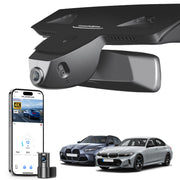 Mangoal 2 channel dash cam with STARVIS sensor, features smartphone app control, front 4K UHD and rear Full HD recording, GPS tracking, and BMW 3 Series Gen7 models in the background.