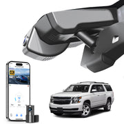 Mangoal 2 channel dash cam with STARVIS sensor, features smartphone app control, front 4K UHD and rear Full HD recording, GPS tracking, and Chevy Suburban Tahoe models in the background.