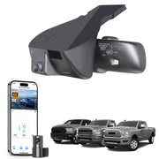 Mangoal 2 channel dash cam with STARVIS sensor, features smartphone app control, front 4K UHD and rear Full HD recording, GPS tracking, and Dodge RAM in the background.