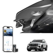 Mangoal 2 channel dash cam with STARVIS sensor, features smartphone app control, front 4K UHD and rear Full HD recording, GPS tracking, and Ford Explorer models in the background.