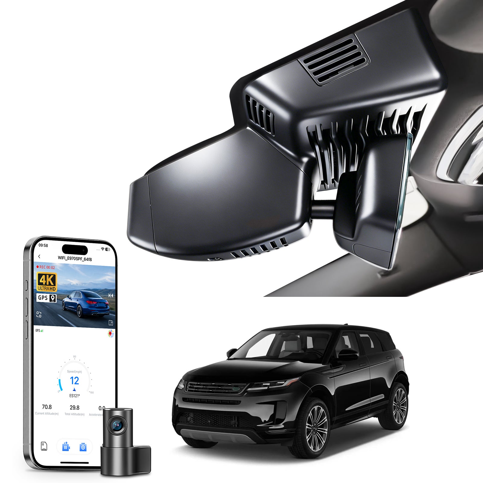 Mangoal 2 channel dash cam with STARVIS sensor, features smartphone app control, front 4K UHD and rear Full HD recording, GPS tracking and Land Rover Range Rover Evoque models in the background. 