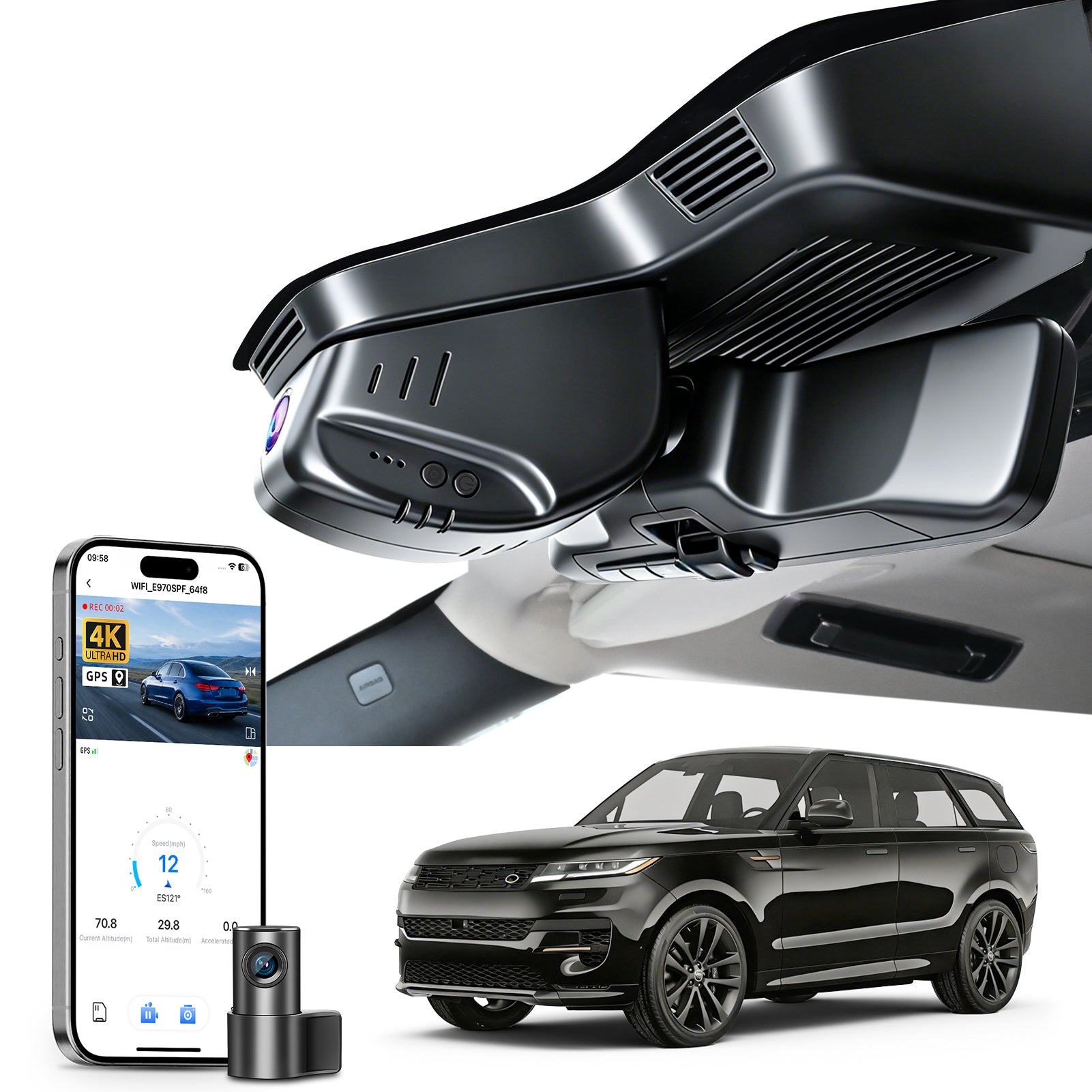 Mangoal 2 channel dash cam with STARVIS sensor, features smartphone app control, front 4K UHD and rear Full HD recording, GPS tracking and Land Rover Range Rover & Range Rover Sport models in the background. 