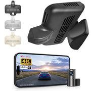 Mangoal 2 channel dash cam with STARVIS sensor, features smartphone app control, front 4K UHD and rear Full HD recording, GPS tracking, and Mercedes-Benz C-Class in the background.
