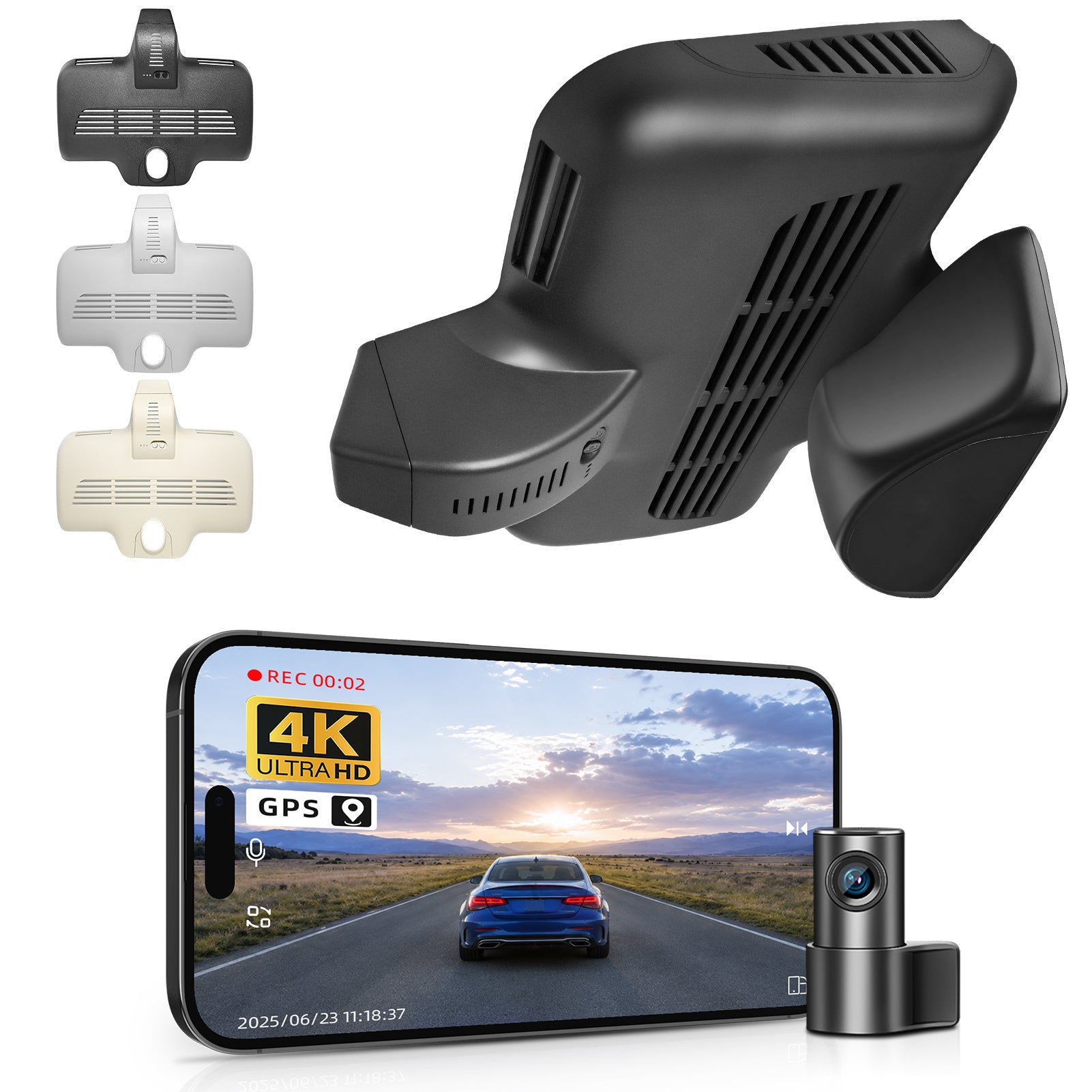 Mangoal 2 channel dash cam with STARVIS sensor, features smartphone app control, front 4K UHD and rear Full HD recording, GPS tracking, and Mercedes-Benz C-Class in the background.