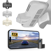 Mangoal 2 channel dash cam with STARVIS sensor, features smartphone app control, front 4K UHD and rear Full HD recording, GPS tracking, and Mercedes-Benz C-Class in the background.