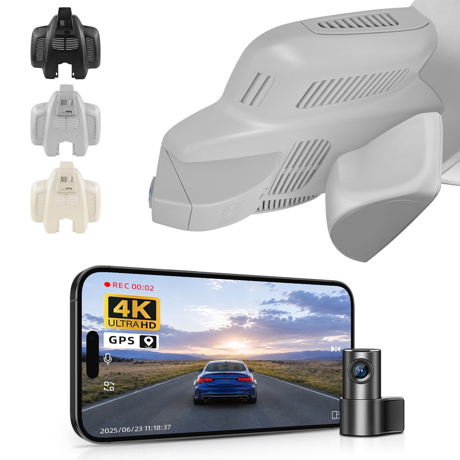Mangoal 2 channel dash cam with STARVIS sensor, features smartphone app control, front 4K UHD and rear Full HD recording, GPS tracking, and Mercedes-Benz E-Class in the background.