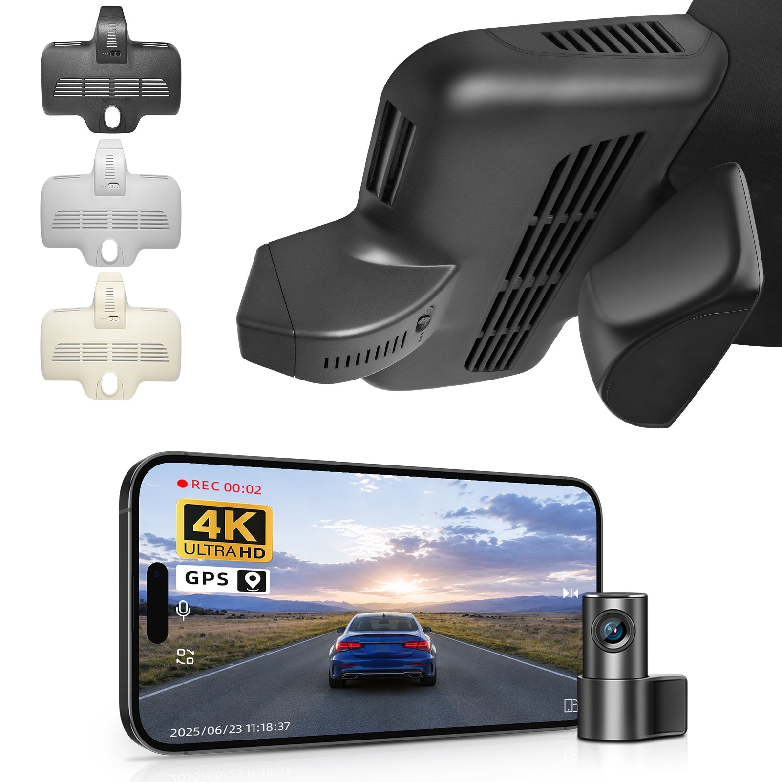Mangoal 2 channel dash cam with STARVIS sensor, features smartphone app control, front 4K UHD and rear Full HD recording, GPS tracking, and Mercedes-Benz GLC Gen1 in the background.