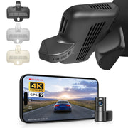 Mangoal 2 channel dash cam with STARVIS sensor, features smartphone app control, front 4K UHD and rear Full HD recording, GPS tracking, and Mercedes-Benz GLC Gen1 in the background.