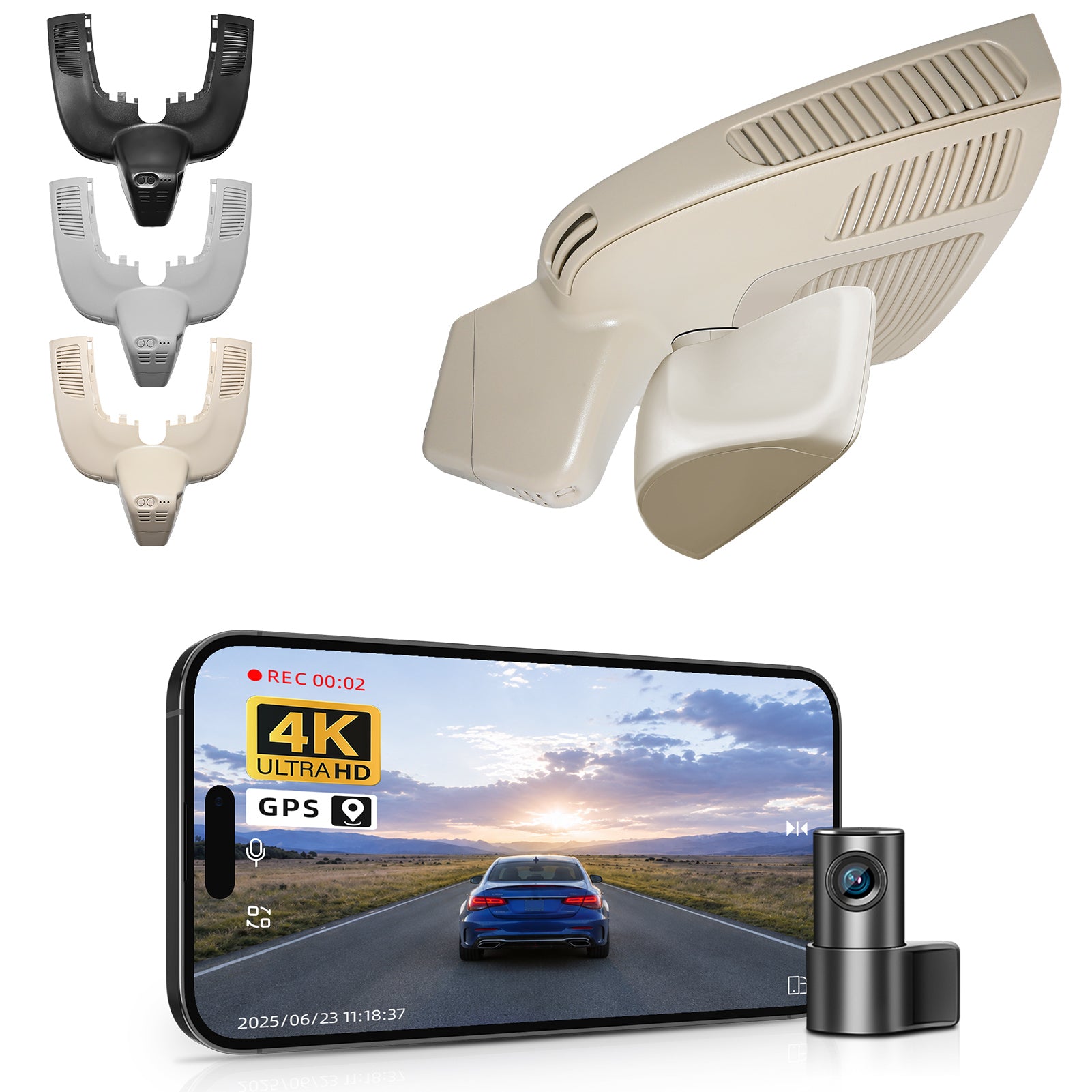 Mangoal 2 channel dash cam with STARVIS sensor, features smartphone app control, front 4K UHD and rear Full HD recording, GPS tracking, and Mercedes-Benz GLE in the background.