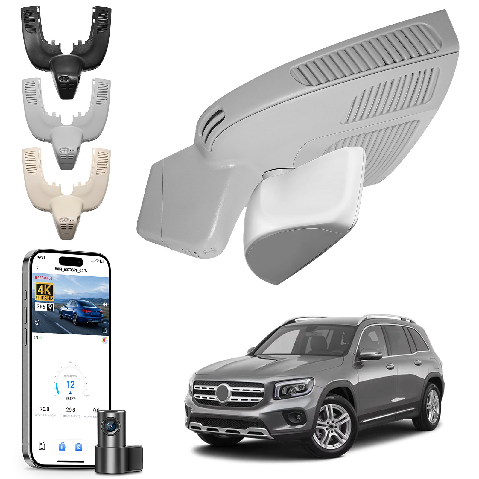 Mangoal 2 channel dash cam with STARVIS sensor, features smartphone app control, front 4K UHD and rear Full HD recording, GPS tracking, and Mercedes-Benz GLE in the background.