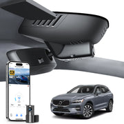 Mangoal 2 channel dash cam with STARVIS sensor, features smartphone app control, front 4K UHD and rear Full HD recording, GPS tracking, and Volvo XC60 in the background.