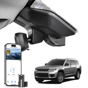 2 channel dash cam with dual STARVIS 2, features smartphone app control, 4K Ultra HD recording, GPS tracking, and Jeep Cherokee models in the background.