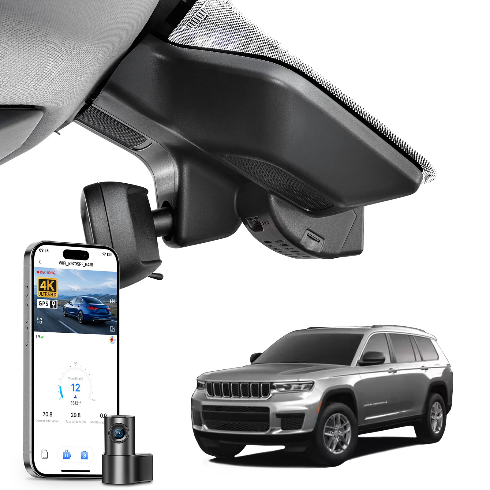 2 channel dash cam with dual STARVIS 2, features smartphone app control, 4K Ultra HD recording, GPS tracking, and Jeep Cherokee models in the background.