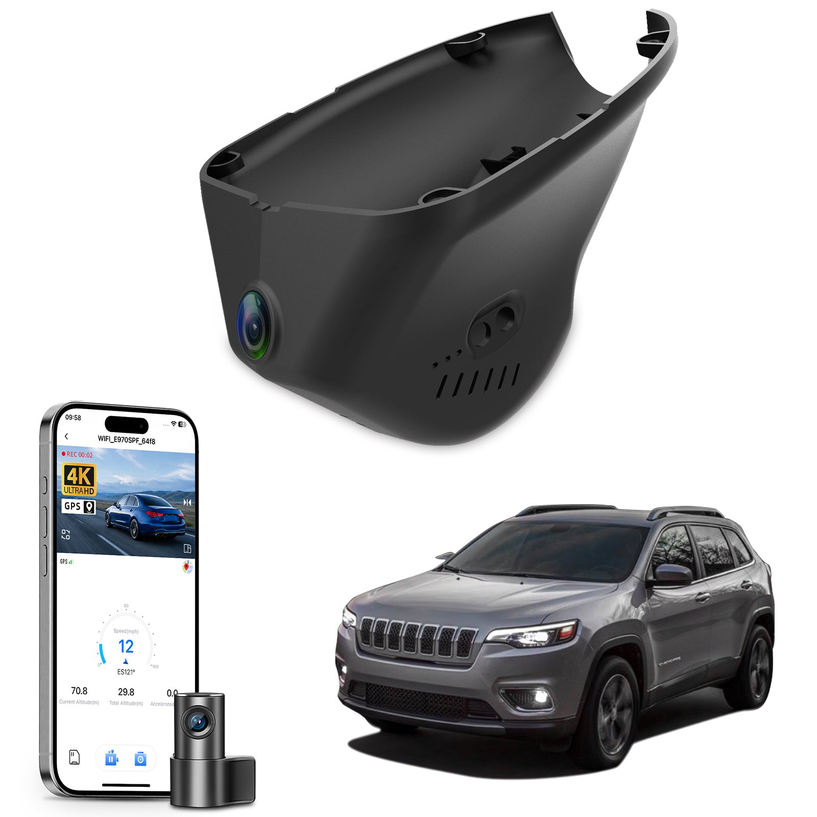 2 channel dash cam with dual STARVIS 2, features smartphone app control, 4K Ultra HD recording, GPS tracking, and Jeep Cherokee models in the background.