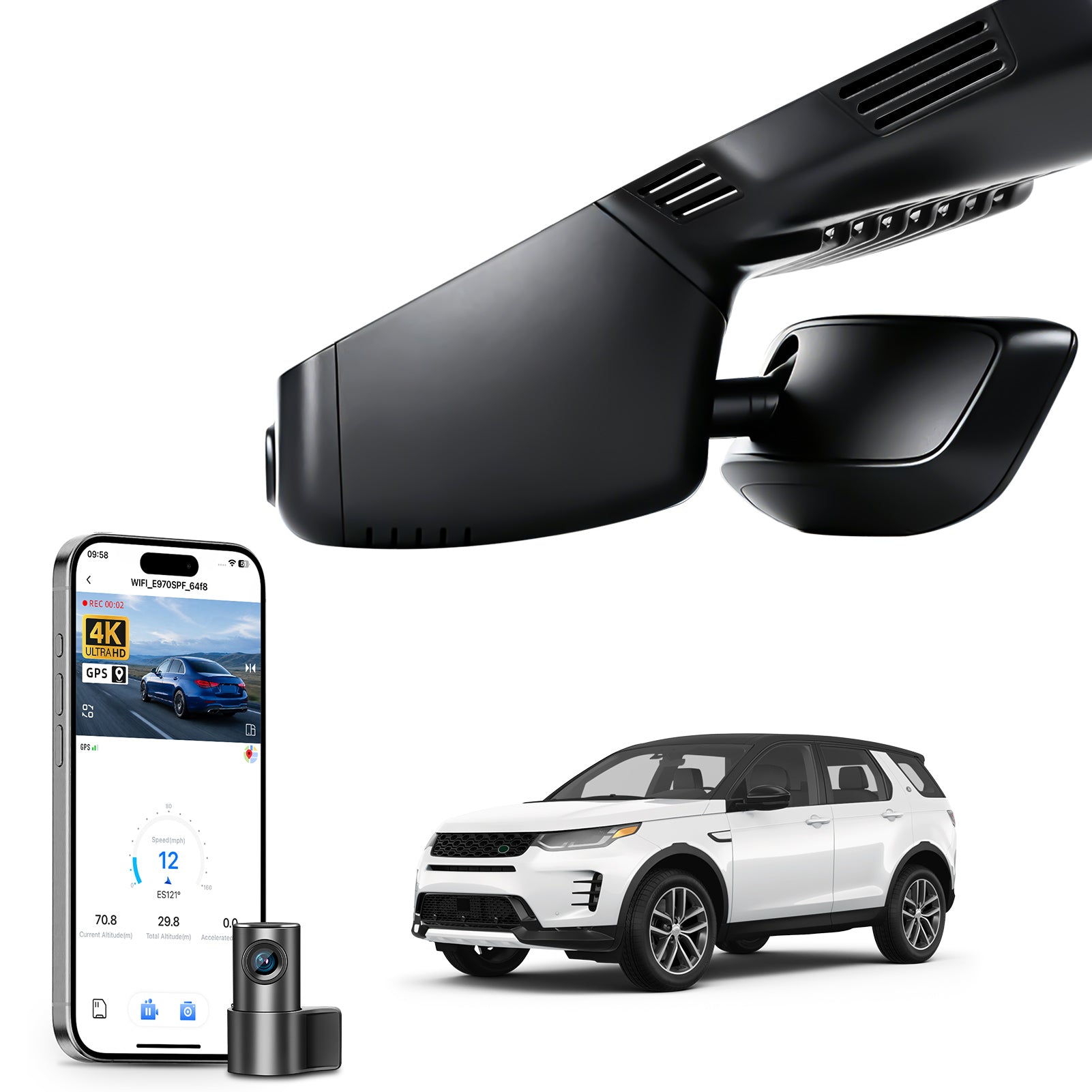 2 channel dash cam with dual STARVIS 2, features smartphone app control, 4K Ultra HD recording, GPS tracking, and Land Rover Discovery Sport models in the background. 