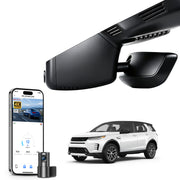 2 channel dash cam with dual STARVIS 2, features smartphone app control, 4K Ultra HD recording, GPS tracking, and Land Rover Discovery Sport models in the background. 