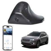Car rearview mirror built-in dash cam with smartphone app control, 4K Ultra HD recording, GPS tracking and Jeep Cherokee models in the background.