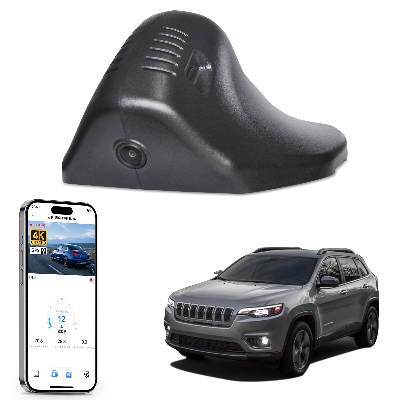 Car rearview mirror built-in dash cam with smartphone app control, 4K Ultra HD recording, GPS tracking and Jeep Cherokee models in the background.