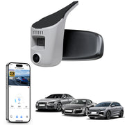 Mangoal rearview mirror built-in dash cam with smartphone app control, 4K Ultra HD recording, GPS tracking, and Audi Gray models in the background.