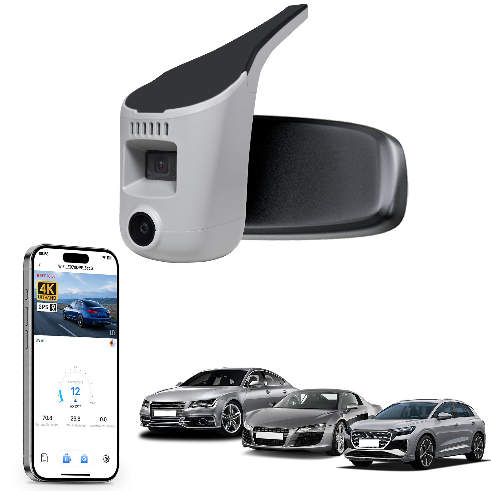 Mangoal rearview mirror built-in dash cam with smartphone app control, 4K Ultra HD recording, GPS tracking, and Audi Gray models in the background.