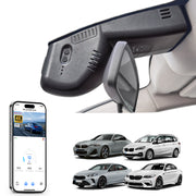 Mangoal rearview mirror built-in dash cam with smartphone app control, 4K Ultra HD recording, GPS tracking, and BMW 2 Series M2 models in the background.