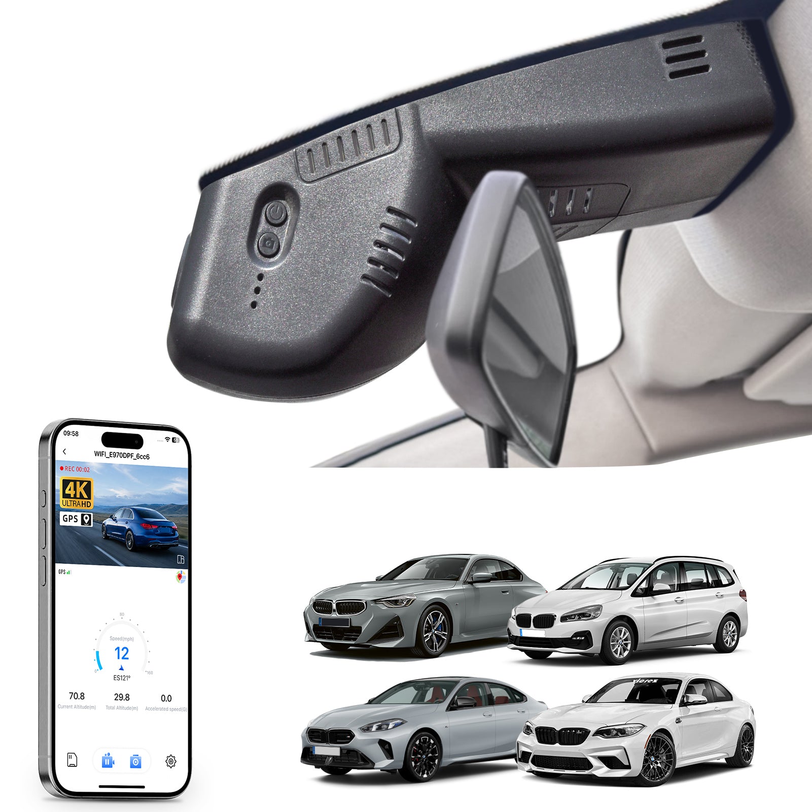 Mangoal rearview mirror built-in dash cam with smartphone app control, 4K Ultra HD recording, GPS tracking, and BMW 2 Series M2 models in the background.