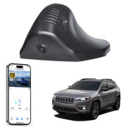 Mangoal rearview mirror built-in dash cam with smartphone app control, 4K Ultra HD recording, GPS tracking, and Jeep Cherokee models in the background.