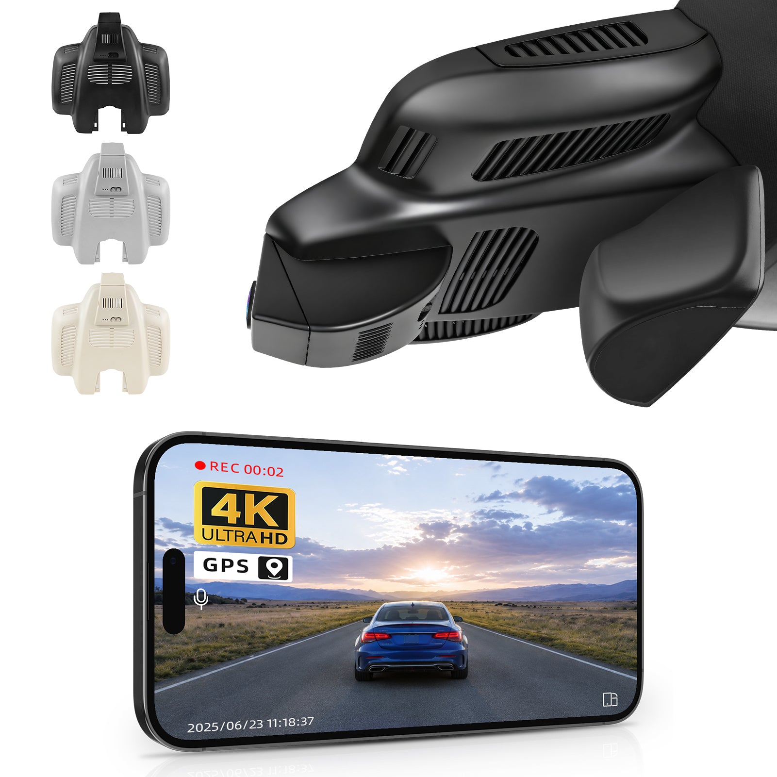 Mangoal rearview mirror built-in dash cam with smartphone app control, 4K Ultra HD recording, GPS tracking, and Mercedes-Benz C-Class models in the background.