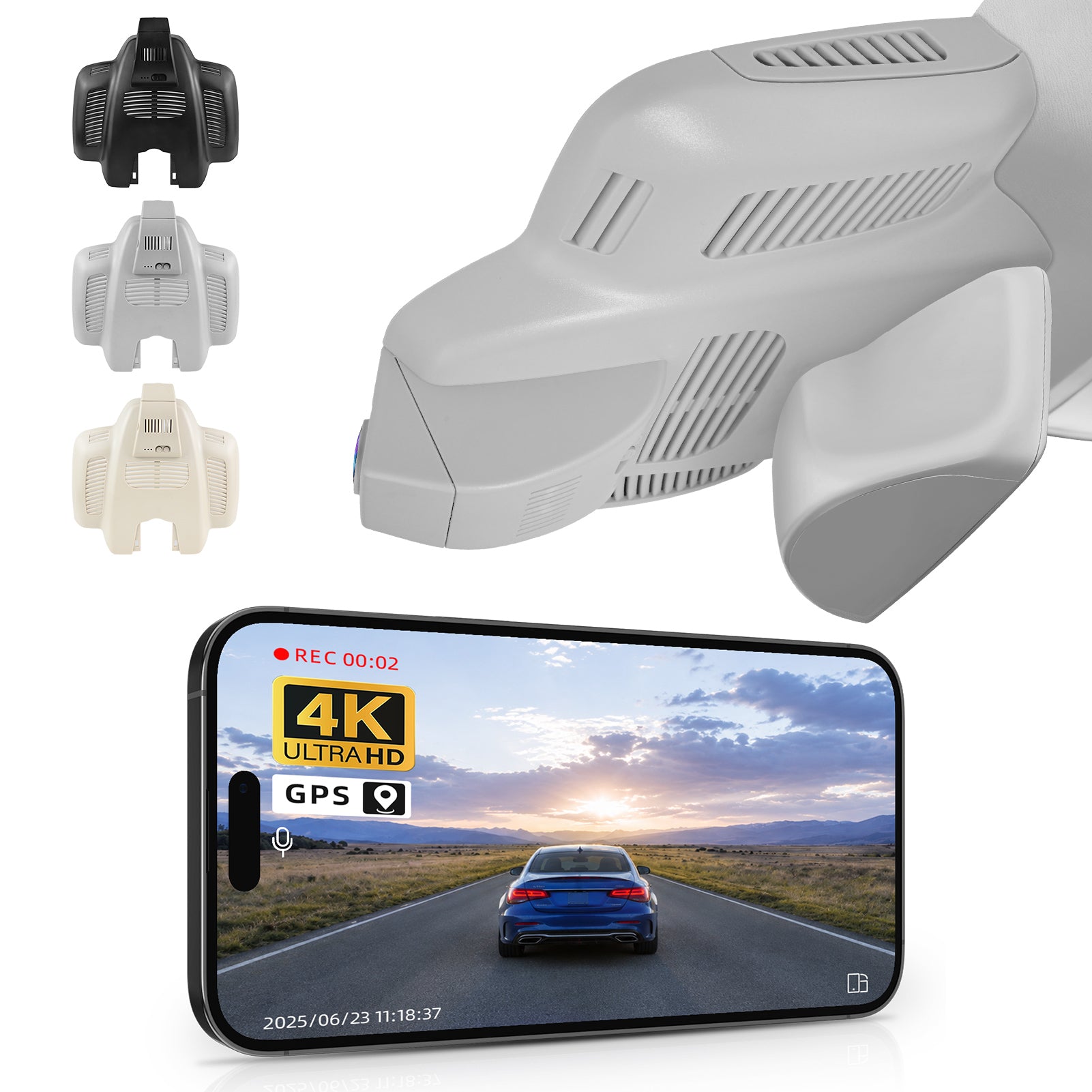 Mangoal rearview mirror built-in dash cam with smartphone app control, 4K Ultra HD recording, GPS tracking, and Mercedes-Benz C-Class models in the background.