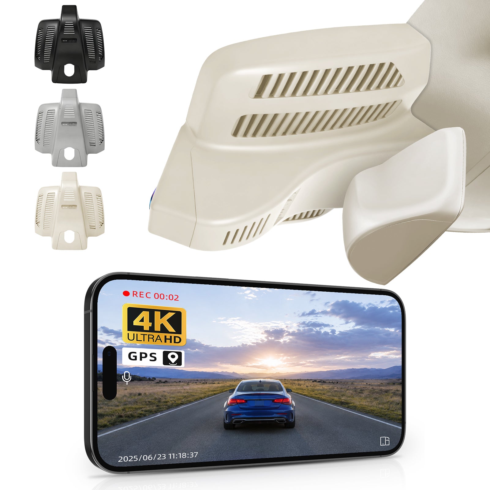 Mangoal rearview mirror built-in dash cam with smartphone app control, 4K Ultra HD recording, GPS tracking, and Mercedes-Benz E-Class models in the background.