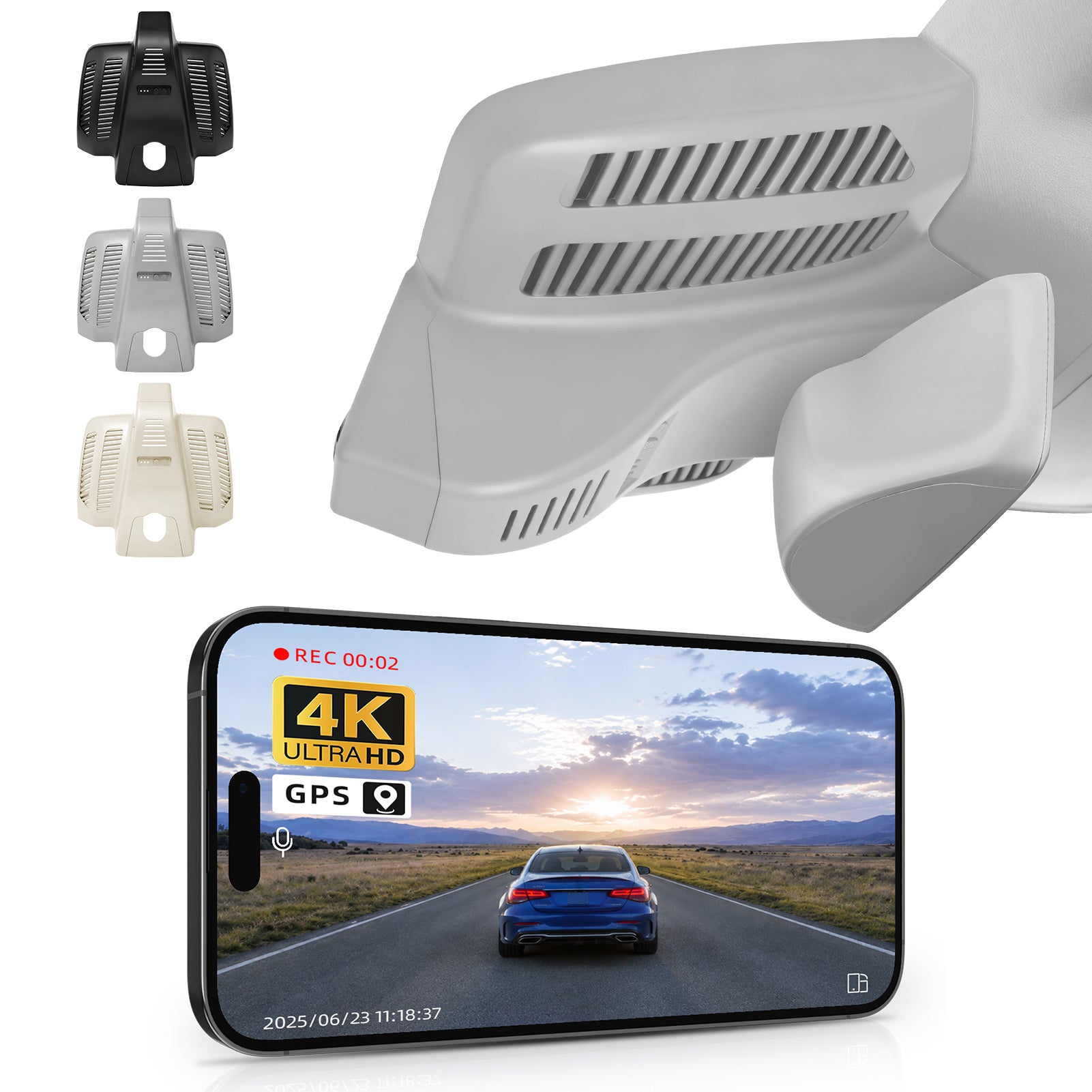 Mangoal rearview mirror built-in dash cam with smartphone app control, 4K Ultra HD recording, GPS tracking, and Mercedes-Benz E-Class models in the background.
