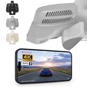 Mangoal rearview mirror built-in dash cam with smartphone app control, 4K Ultra HD recording, GPS tracking, and Mercedes-Benz E-Class models in the background.