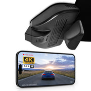 Mangoal rearview mirror built-in dash cam with smartphone app control, 4K Ultra HD recording, GPS tracking, and Mercedes-Benz GLC Gen1 models in the background.