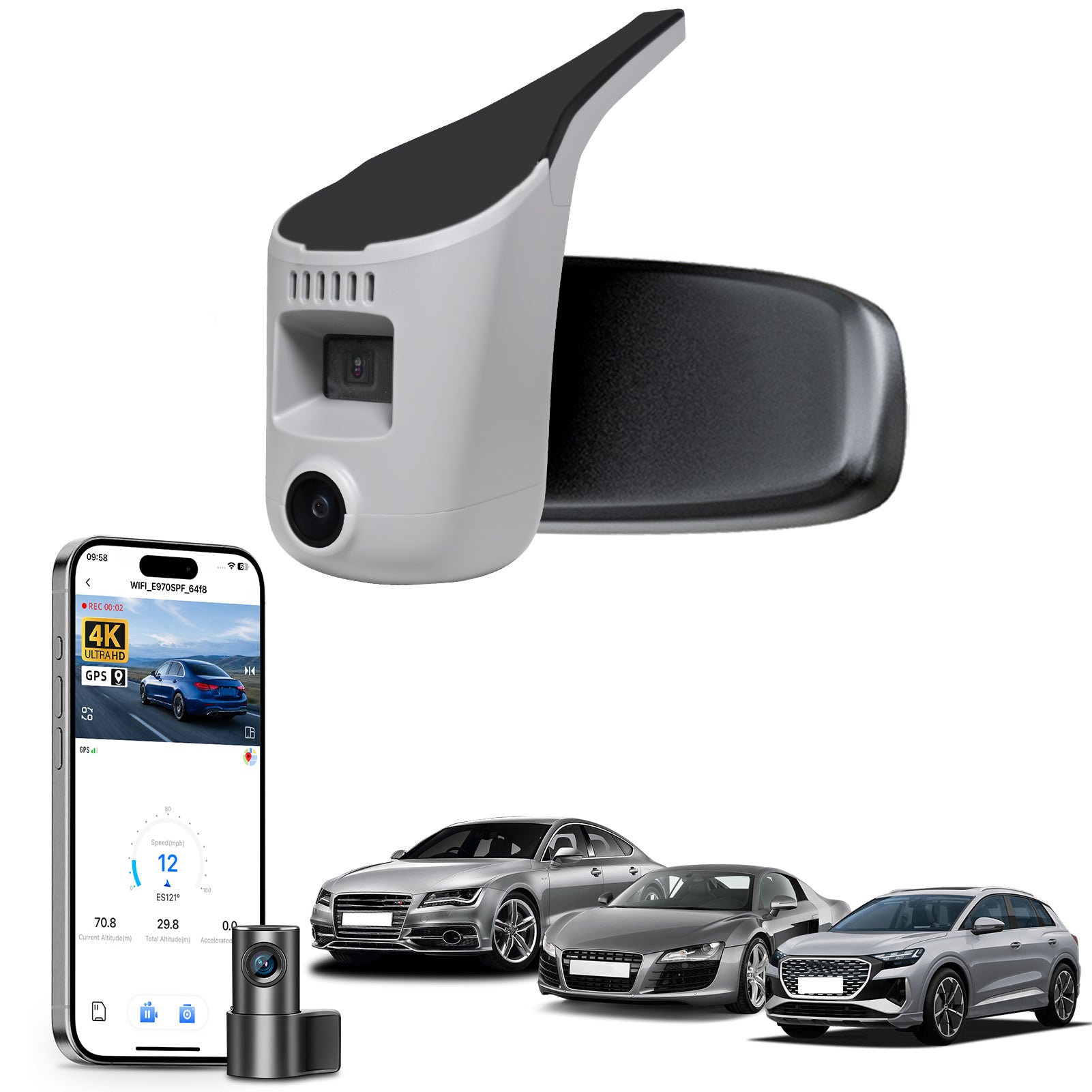 Mangoal 2 channel dash cam with STARVIS sensor, features smartphone app control, front 4K UHD and rear Full HD recording, GPS tracking, and Audi Gray models in the background.