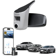 Mangoal 2 channel dash cam with STARVIS sensor, features smartphone app control, front 4K UHD and rear Full HD recording, GPS tracking, and Audi Gray models in the background.