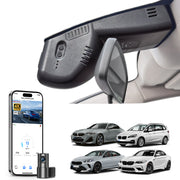 Mangoal 2 channel dash cam with STARVIS sensor, features smartphone app control, front 4K UHD and rear Full HD recording, GPS tracking, and BMW 2 Series M2 models in the background.