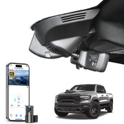 Mangoal 2 channel dash cam with STARVIS sensor, features smartphone app control, front 4K UHD and rear Full HD recording, GPS tracking, and Dodge RAM in the background.