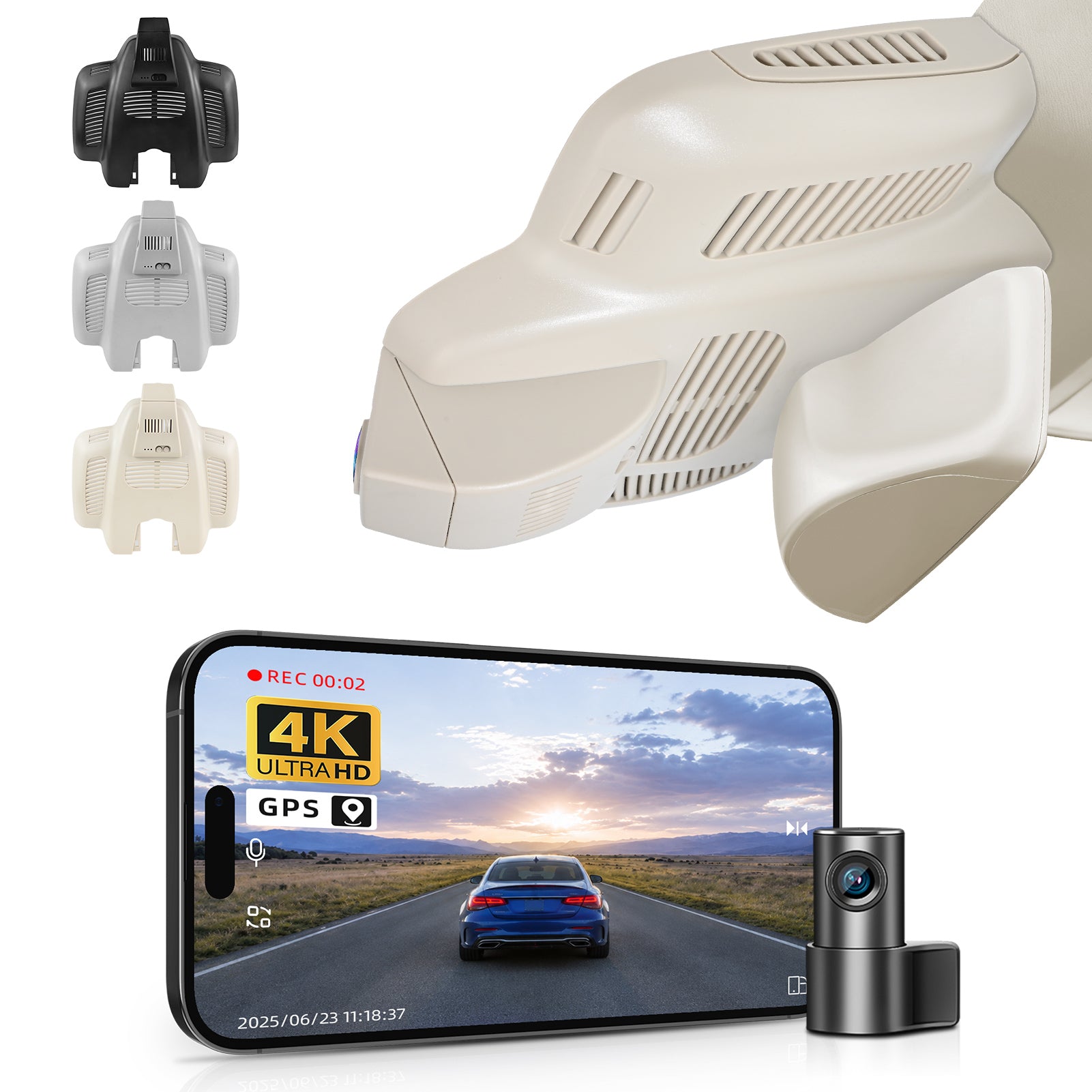 Mangoal 2 channel dash cam with STARVIS sensor, features smartphone app control, front 4K UHD and rear Full HD recording, GPS tracking, and Mercedes-Benz C-Class in the background.